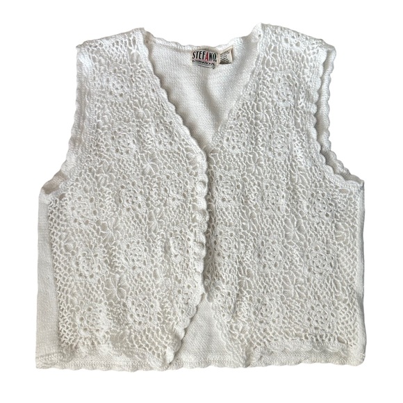 Vintage Jackets & Blazers - Vintage 90s Sleeveless Granny Crochet Knit White Vest Large
